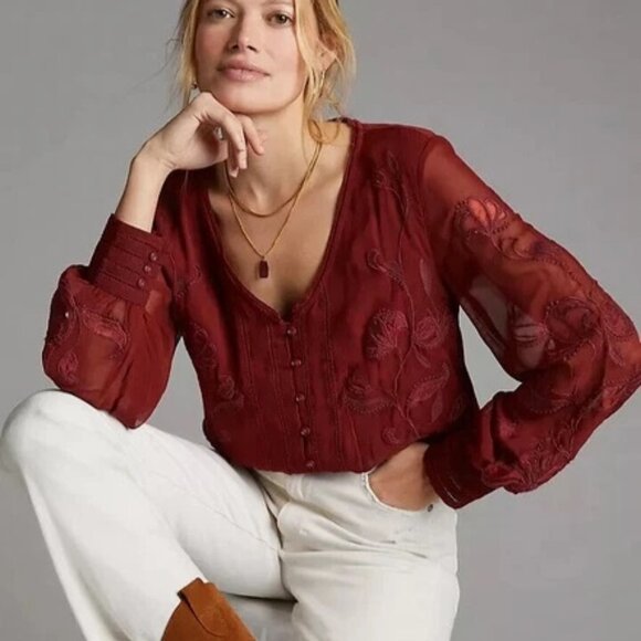 Anthropologie Tops - Anthropologie Burgundy Embroidered Sheer Long-Sleeve Blouse